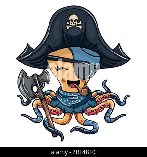 Personaggio fumettistico di timido pirata cyborg con cappello tricorn che fuma una pipa con un'ascia da guerra. Illustrazione per fantasy, fantascienza e adv Illustrazione Vettoriale