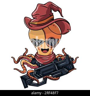 Personaggio stregone cyborg polpo cartoni animati con cappello da strega e un'arma futuristica. Illustrazione per fumetti fantasy, fantascienza e avventura Illustrazione Vettoriale