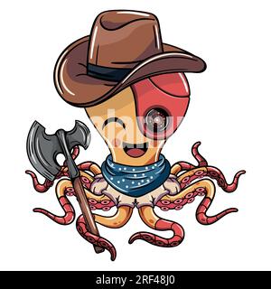 Personaggio del polipo cyborg cowboy western con un'ascia di guerra. Illustrazione per fumetti fantasy, fantascienza e avventura Illustrazione Vettoriale