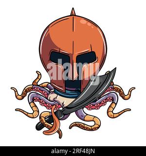 Personaggio del polpo cyborg con cartoni animati, casco medioevale da gladiatore e spada pirata. Illustrazione per fumetti fantasy, fantascienza e avventura Illustrazione Vettoriale