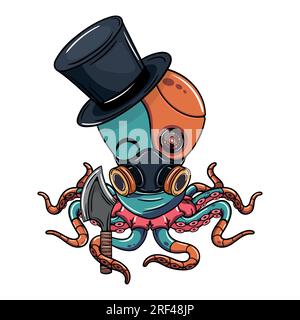 Personaggio del polipo cyborg con cappello e ascia. Illustrazione per fumetti fantasy, fantascienza e avventura Illustrazione Vettoriale