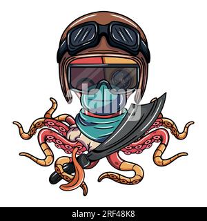 Personaggio cartoni animati del pilota di aeroplano cyborg con occhiali, maschera e spada pirata. Illustrazione per fumetti fantasy, fantascienza e avventura Illustrazione Vettoriale