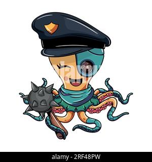 Poliziotto cyborg polpo personaggio fumettistico dei cartoni animati con una mazza di guerra. Illustrazione per fumetti fantasy, fantascienza e avventura Illustrazione Vettoriale