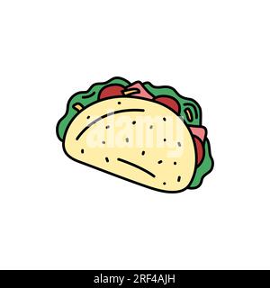Elemento doodle vettoriale Taco isolato. Illustrazione a mano del tradizionale cibo messicano con tortilla, carne, insalata. Disegnato a mano e colorato Illustrazione Vettoriale