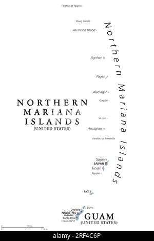 Guam e Isole Marianne Settentrionali, mappa politica grigia. Due territori separati non incorporati degli Stati Uniti nella subregione Micronesia. Foto Stock