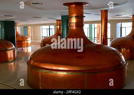 Bollitore d'epoca in rame nella birreria. Vasche tradizionali per distilleria di rame nel birrificio, bollitore per birra, Pilsen, Repubblica Ceca Foto Stock