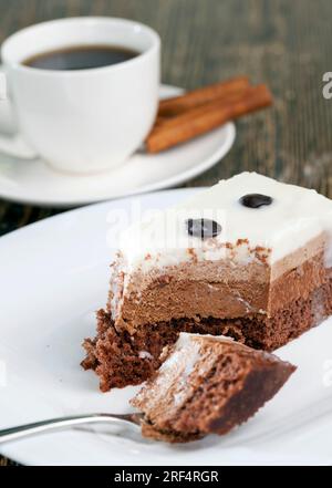 delizioso pezzo di torta in cui ogni strato ha il proprio colore e gusto, il gusto della torta al cioccolato, la torta a più strati per dessert Foto Stock