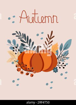 Striscione autunnale con composizione zucca con foglie colorate e bacche rosse. Perfetto per Web, banner, biglietti di auguri e Ringraziamento. Illustrazione vettoriale Illustrazione Vettoriale