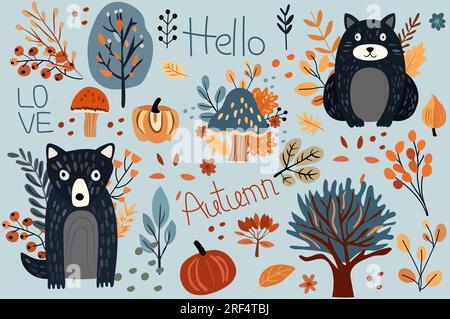 Collezione autunnale, incantevoli creature della foresta elementi autunnali, simpatici orsi, divertenti alberi vivaci di lupi, foglie autunnali, funghi colorati. Ideale per il Web, la festa del raccolto, gli striscioni, i biglietti e il Ringraziamento. Illustrazione Vettoriale