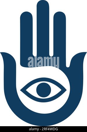 Illustrazione astratta multicolore di una mano Hamsa con il simbolo dell'occhio cattivo. La mano del segno religioso di Fatima con tutti gli occhi. Stile vintage bohémien. V Illustrazione Vettoriale