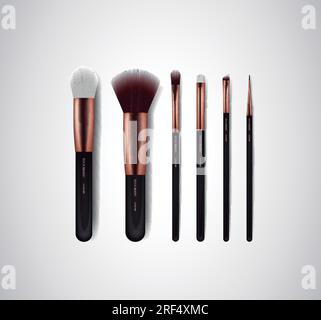 Kit di spazzole per trucco professionali. Per occultamento polvere Blush, Eye Shadow o Brow Isolated. Modelli di marchio. Illustrazione Vettoriale