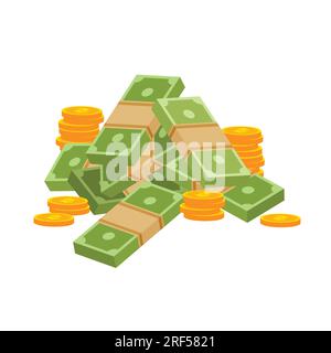 Grande pila di banconote in dollari e monete d'oro. Un mucchio di soldi. Investimenti, risparmi. Concetto di tesoro. Illustrazione vettoriale isolata in stile piatto alla moda. Illustrazione Vettoriale