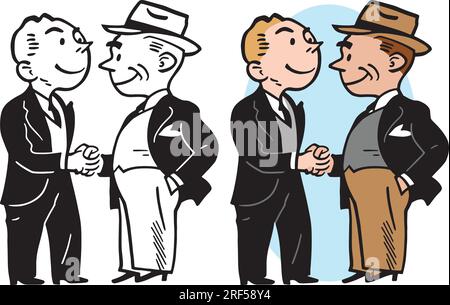 Un cartone animato retrò d'epoca con due uomini d'affari che stringono la mano e fanno un affare. Illustrazione Vettoriale