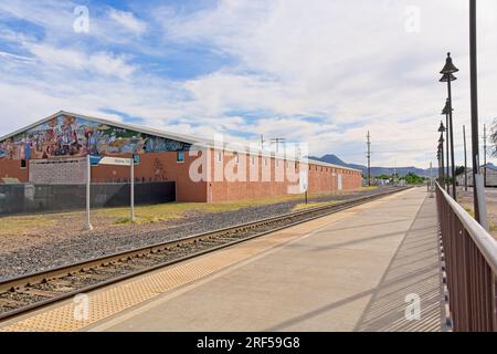 Stazione ferroviaria della Amtrak alpina accanto al Big Bend Wool & Mohair del 1940. Il murale Mercado di Style Read abbellisce il lato dell'edificio Foto Stock