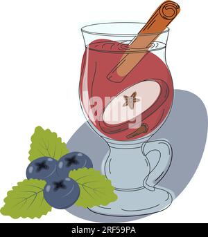 Disegnato a mano da una tazza di bicchiere con VIN brulé, bastone di cannella, fetta di mela, frutti di bosco e punti colorati in sfumature alla moda. Vettore. EPS. Isolare. Progettare poster, banner, brochure, saluti o inviti. Illustrazione Vettoriale