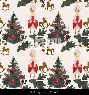 Paterna senza cuciture acquerello con albero di natale decorato aggiungere bambole. Carta da imballaggio natalizia. Giocattolo per bambini. Un regalo di Natale. Illustrazione raster f Foto Stock