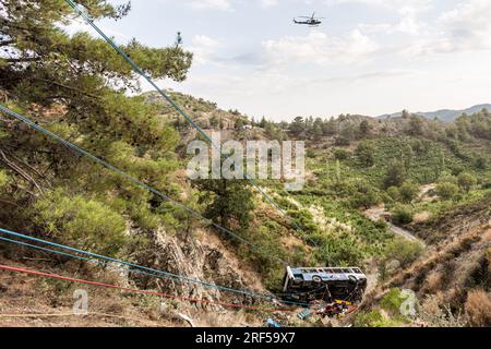 Nicosia, Cipro. 31 luglio 2023. Un elicottero della polizia viene visto sulla scena dell'incidente, Nicosia, Cipro, il 31 luglio 2023. Il Dipartimento di ambulanza dell'Organizzazione dei servizi sanitari dello Stato, ha organizzato l'esercitazione Ippokratis 2023. Lo scopo dell'esercitazione era la gestione di un grave incidente stradale con molte persone ferite che necessita della collaborazione di molti servizi, come ambulanze, vigili del fuoco, polizia e squadre di soccorso. (Foto di Kostas Pikoulas/Sipa USA). Credito: SIPA USA/Alamy Live News Foto Stock