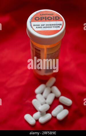 Un'etichetta su una bottiglia di pillole di prescrizione idrocodone-acetamica oppioidi mette in guardia contro il pericolo di sovradosaggio e dipendenza. Foto Stock