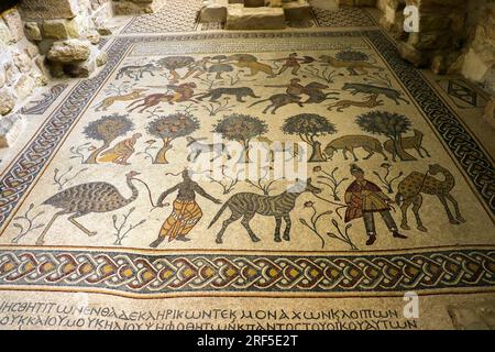 Mosaico della Chiesa del Monte Nebo (Un uomo, un asino, un cavallo, uno struzzo, un cammello e un albero) Madaba, Giordania Foto Stock