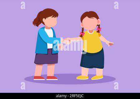 Personaggio piatto che disegna belle bambine in piedi e stringe la mano che fa amicizia. I bambini si presentano. Ragazze felici e carine che toccano ciascuna Foto Stock