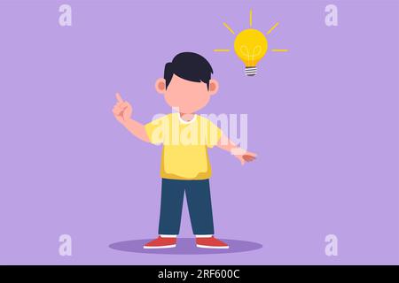 Personaggio piatto che disegna un bambino intelligente che pensa a qualcosa. I bambini pensano a un'idea creativa. Segnaletica con le lampadine. Concetto di apprendimento e crescita Foto Stock