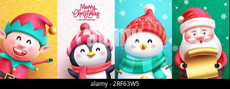 Design del set di poster vettoriali dei personaggi natalizi. Buon natale con personaggi di natale come babbo natale, pupazzo di neve, pinguini e renne Illustrazione Vettoriale