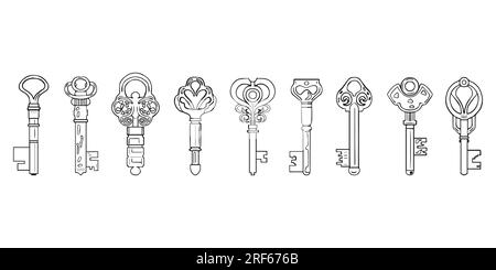 Impostare belle chiavi vintage. Illustrazione vettoriale isolata su sfondo bianco. Illustrazione Vettoriale