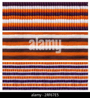 Set di striscioni orizzontali o verticali con maglione in lana a righe di colore arancio scuro, bianco, marrone e viola. Materiale di lana lavorato a maglia naturale W Foto Stock