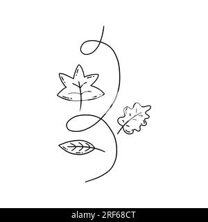 Le foglie autunnali girano nel vento. Cambio di stagione. Illustrazione vettoriale isolata in bianco e nero disegnata a mano Illustrazione Vettoriale