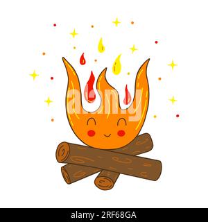 Un falò caldo e accogliente con legna da ardere e stelle. Fuoco da campeggio caldo. Illustrazione colorata con isolamento vettoriale disegnata a mano su sfondo bianco con contorno Illustrazione Vettoriale