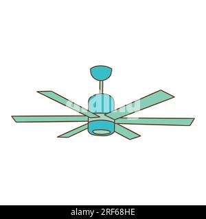 Ventilatore a soffitto di colore blu. Unità di raffreddamento dell'aria condizionata con temperature elevate. Illustrazione colorata isolata vettoriale disegnata a mano con contorno Illustrazione Vettoriale