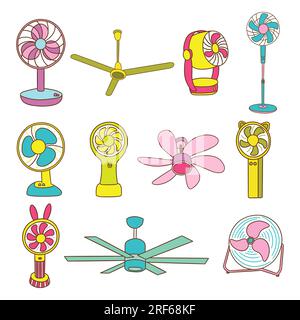 Set di ventole, scrivania, soffitto e palmare. Ventilatori elettrici. Unità di raffreddamento dell'aria condizionata con temperature elevate. Illustrati colorati isolati vettoriali Illustrazione Vettoriale