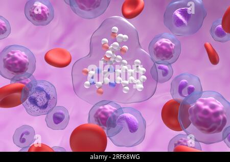 Struttura della vitamina B2 (riboflavina) nel flusso sanguigno - primo piano della palla e del bastone vista illustrazione 3d. Foto Stock