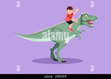 Disegno grafico piatto che disegna il coraggioso cavernicolo che cavalca t-rex tyrannosaurus. Bambini allegri seduti sul retro del dinosauro. Bambini dell'età della pietra. ANCI Foto Stock