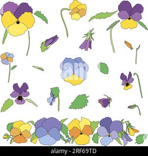 Set vettoriale di pannelli colorati e colorati disegnati a mano, fiori con foglie e steli Illustrazione Vettoriale