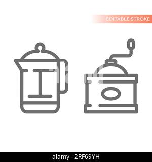 Icone del macinacaffè retrò e della linea French press. Macchina per caffè vintage e set di icone vettoriali per tritatutto. Illustrazione Vettoriale