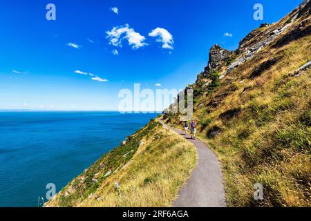 Escursionisti lungo il percorso della costa sud-occidentale, il sentiero costiero, la Valle delle rocce, la costa rocciosa nel Parco nazionale di Exmoor, il canale di Bristol, vicino a Lynton, Devon Foto Stock