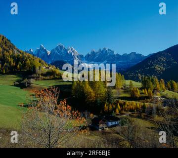 Autunno a St. Magdalena in Val Villnoess, sopra le cime di Geisler e le torri Fermeda. I-Italia/alto Adige, Dolomiti Foto Stock