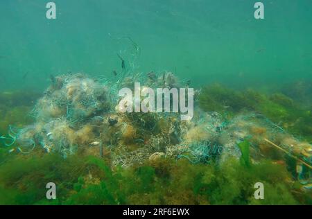 La rete da pesca perduta si trova sui fondali marini nelle alghe verdi Ulva nelle giornate di sole brillanti nel Mar Nero, nell'inquinamento da fantasmi dei mari e dell'oceano, nel Mar Nero, Foto Stock