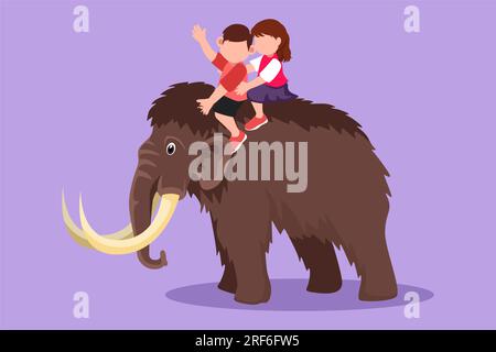 Design grafico piatto che disegna insieme un bambino coraggioso e un uomo cavalcatore che cavalcano un mammut lanoso. Bambini seduti sul retro di mammut. Bambini dell'età della pietra. ANC Foto Stock