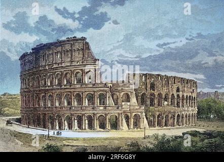 DAS Kolosseum oder Kolosseum, auch bekannt als Flavisches Amphitheater, lateinisch Amphitheatrum Flavium, italienisch Anfiteatro Flavio oder Colosseo, ist ein ovales Amphitheater im Zentrum der Stadt Rom, Italien, digitale verbesserte Reproduktion eines Originaldrucks aus dem 19. Jahrhundert / il Colosseo o Colosseo, noto anche come Anfiteatro Flavio, in latino Amphitheatrum Flavium, in italiano Anfiteatro Flavio o Colosseo, è un anfiteatro ovale nel centro della città di Roma, Italia, riproduzione digitale migliorata di una stampa originale del XIX secolo Foto Stock