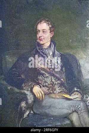 Klemens Wenzel Lothar von Metternich, eigentlich Clemens Wenceslaus Nepomuk Lothar Fürst von Metternich-Winneburg zu Beilstein, 15. Mai 1773 - 11. Juni 1859, War ein Diplomat und Staatsmann im Dienste Österreichs, digitale verbesserte Reproduktion eines Originaldrucks aus dem 19. Jahrhundert / Klemens Wenzel Lothar von Metternich, in realtà Clemens Wenceslaus Nepomuk Lothar Principe di Metternich-Winneburg zu Beilstein, 15 maggio 1773 - 11 giugno 1859, fu un diplomatico e statista al servizio dell'Austria, riproduzione digitale migliorata di una stampa originale del XIX secolo Foto Stock