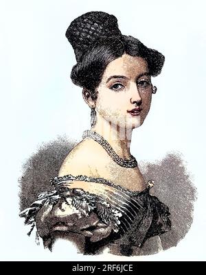 Königin Victoria bei ihrer Thronbesteigung 1837 - Ihre Königliche Hoheit Prinzessin Alexandrina Victoria von Kent, 24. Mai 1819 - 22. Januar 1901, War von 1837 bis 1901 Königin des Vereinigten Königreichs von Großbritannien und Irland, digitale verbesserte Reproduktion eines Originaldrucks aus dem 19. Jahrhundert / Regina Vittoria alla sua ascesa al trono nel 1837 - sua altezza reale Principessa Alessandrina Vittoria di Kent, 24 maggio 1819 - 22 gennaio 1901, fu Regina del Regno Unito di Gran Bretagna e Irlanda dal 1837 al 1901, riproduzione digitale migliorata di una stampa originale Foto Stock