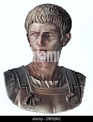 Gaio Cesare Augusto Germanico, 31. Dal 12 al 24 agosto. Januar 41, bekannt als Caligula, War von 37 bis 41 Römischer Kaiser, Bronzebüste im Kapitolinischen Museum, Rom, Italien, digital verbesserte Reproduktion eines Originaldrucks aus dem 19. Jahrhundert / Gaio Cesare Augusto Germanico, 31 agosto 12 - 24 gennaio 41, noto come Caligola, fu dal 37 al 41 imperatore romano, busto di bronzo nel Museo Capitolino, Roma, Italia, riproduzione digitale migliorata di una stampa originale del XIX secolo Foto Stock