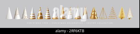 Alberi di Natale realistici 3d Gold White isolati sullo sfondo. Decorazione natalizia per cartolina, poster, banner, sito Web. Illustrazione vettoriale Illustrazione Vettoriale