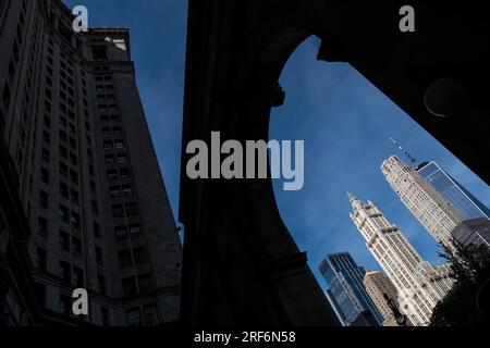 Vista di Lower Manhattan, la parte più meridionale di Manhattan, il quartiere centrale per gli affari, la cultura e il governo di New York City Foto Stock