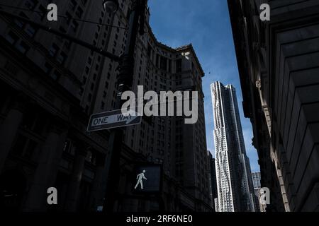 Vista di Lower Manhattan, la parte più meridionale di Manhattan, il quartiere centrale per gli affari, la cultura e il governo di New York City Foto Stock