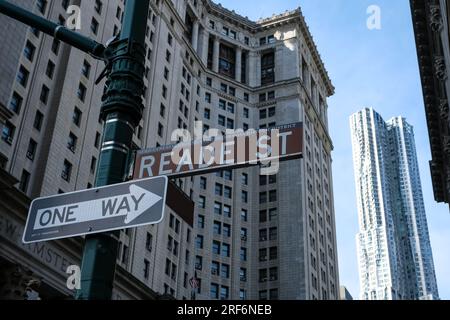 Vista di Lower Manhattan, la parte più meridionale di Manhattan, il quartiere centrale per gli affari, la cultura e il governo di New York City Foto Stock