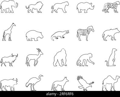 Set di icone African Animals. Elefante, Giraffa, Leone, Zebra. Tratto modificabile. Raccolta vettoriale icone semplici Illustrazione Vettoriale