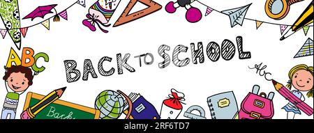 Torna a scuola - carini ragazzi e ragazze con righelli, matite, pennelli e ABC - entusiasti di tornare a scuola - colorato cartone animato disegnato a mano. Adatto per Illustrazione Vettoriale